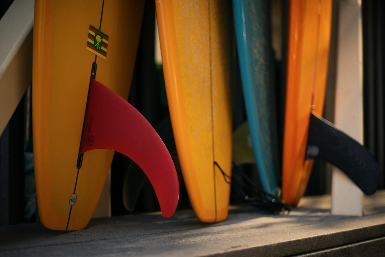 A row of surfboards sitting on top of a shelf